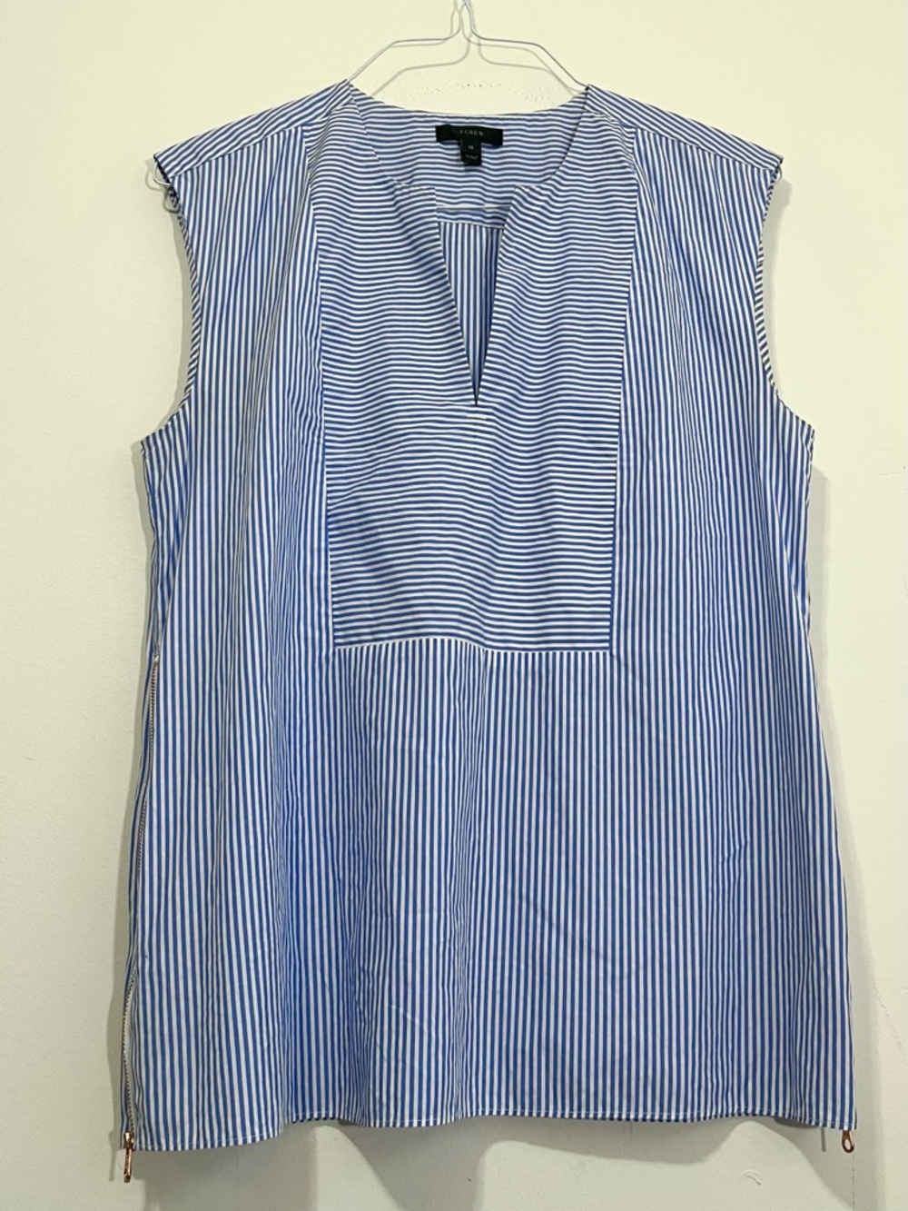 Women's J. Crew Blue & White Stripped Top Shirt  Side Zippers Sleeveless Size 10